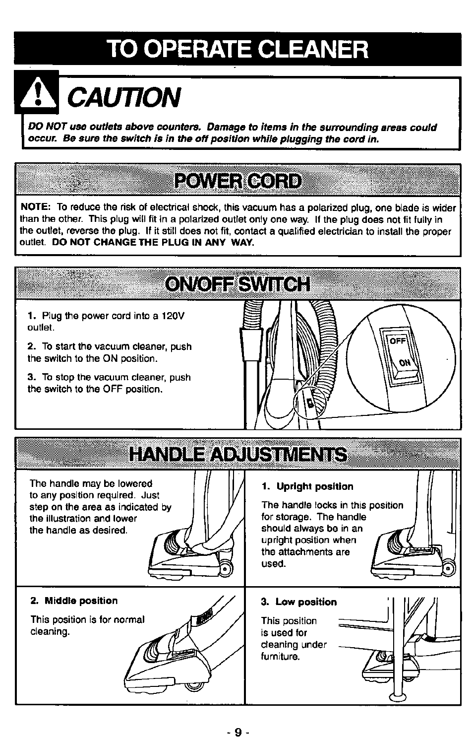 To operate cleaner, Handle adj, Lustments | Caution | Panasonic MC-V5715 User Manual | Page 9 / 40