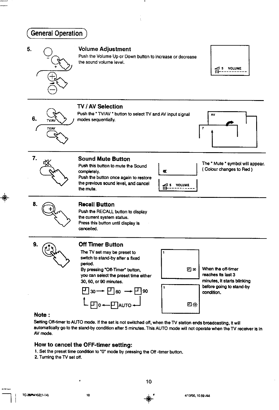 Нзо—^ е]б0, L рг|о-*—рпдито-*—i, Volume adjustment | Tv / av selection, Sound mute button, Recall button, Off timer button, How to cancel the off-timer setting | Panasonic TC-36PM10Z User Manual | Page 10 / 28