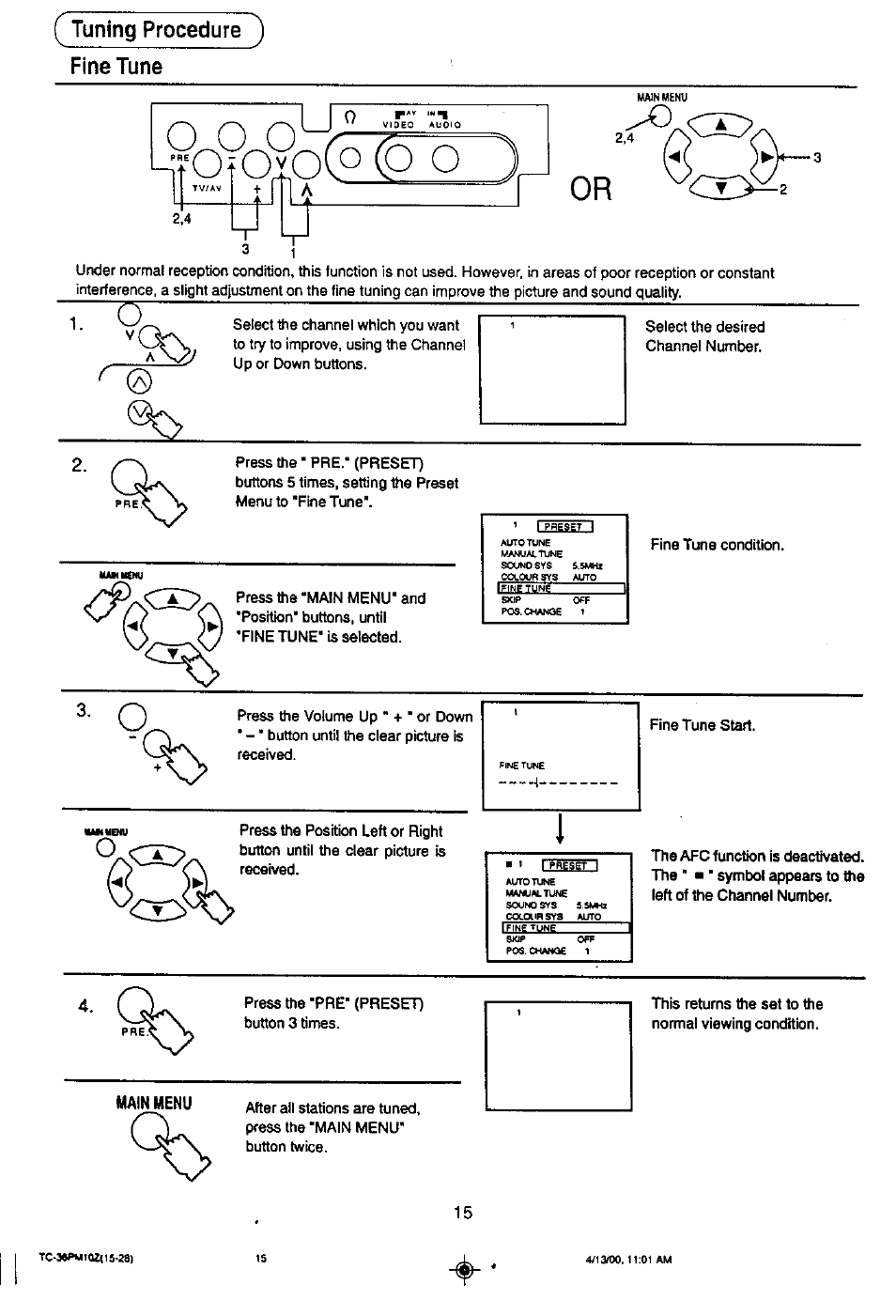 Tuning procedure ) fine tune, Main menu | Panasonic TC-36PM10Z User Manual | Page 15 / 28