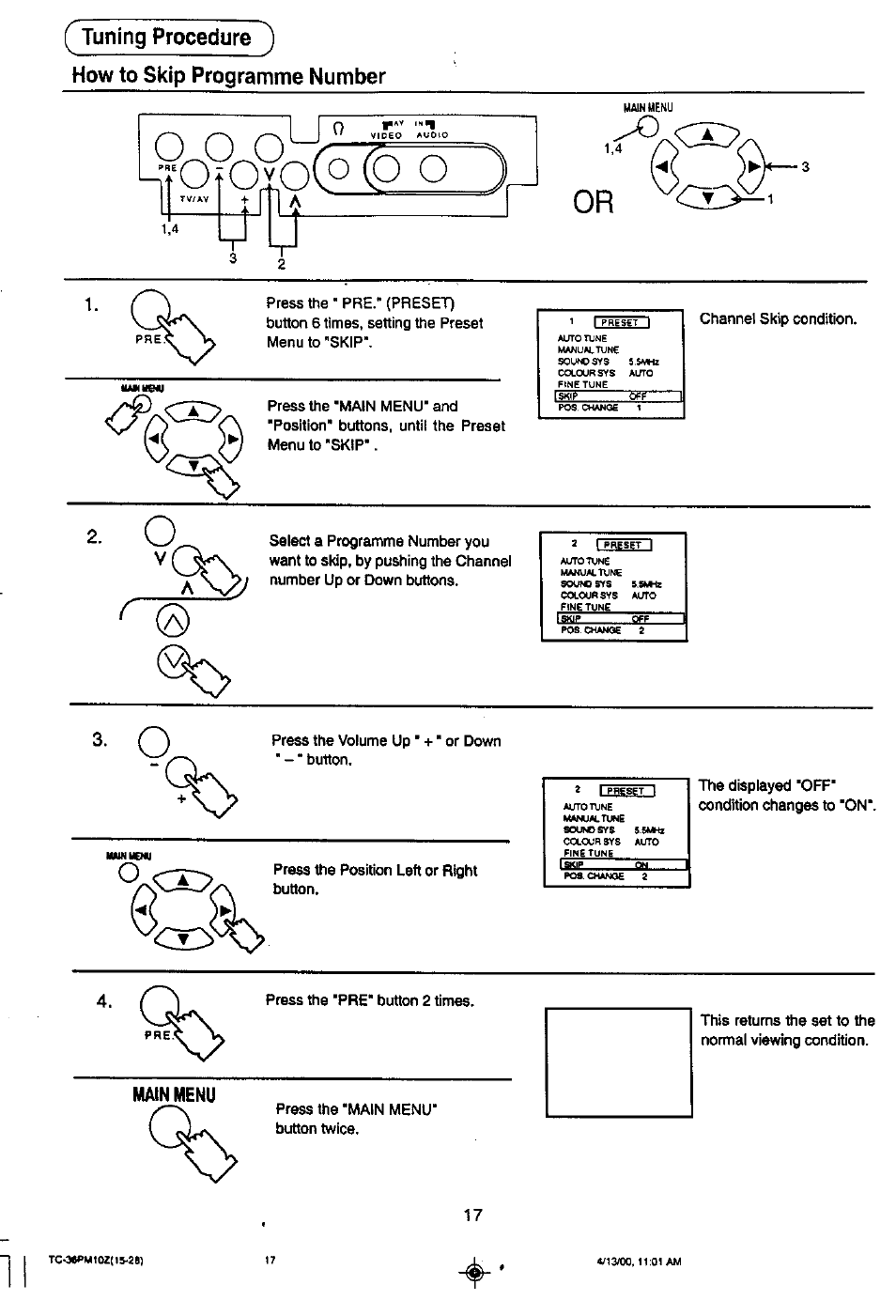 Main menu, Tuning procedure ^ how to skip programme number, Wunuow | Panasonic TC-36PM10Z User Manual | Page 17 / 28