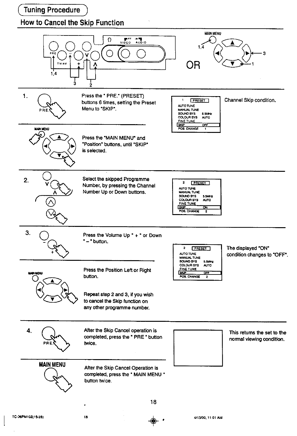 9o9o9o(o (o o, 1 li, Tuning procedure ) how to cancel the skip function | R“ ‘"n, Watnm&nu, Hafmieiu, Tc-oapmiozrisze), Main menu | Panasonic TC-36PM10Z User Manual | Page 18 / 28