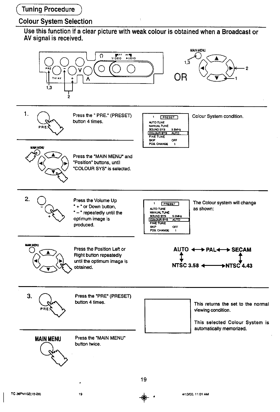 Main menu, Tuning procedure ^ colour system selection | Panasonic TC-36PM10Z User Manual | Page 19 / 28
