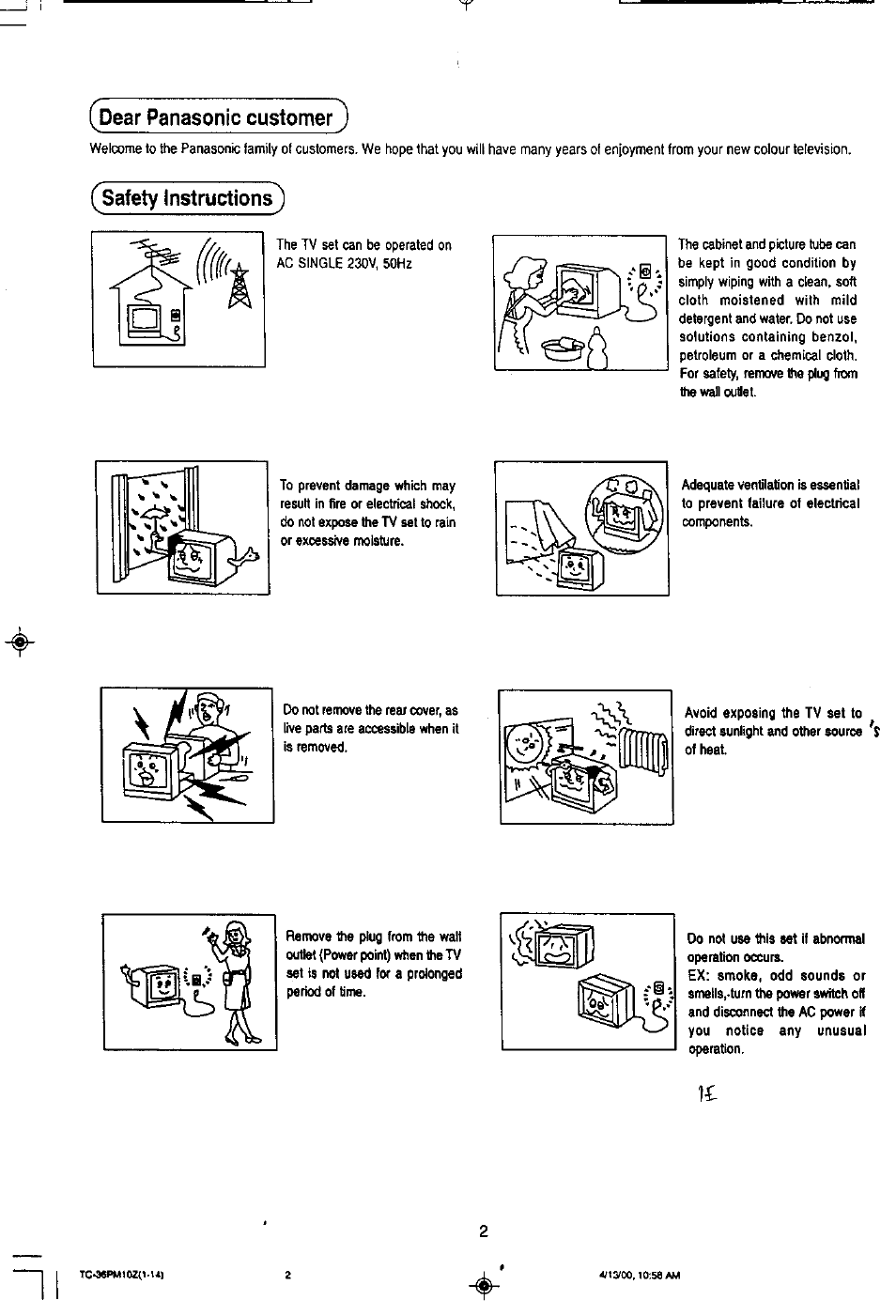 Dear panasonic customer), Safety instructions | Panasonic TC-36PM10Z User Manual | Page 2 / 28
