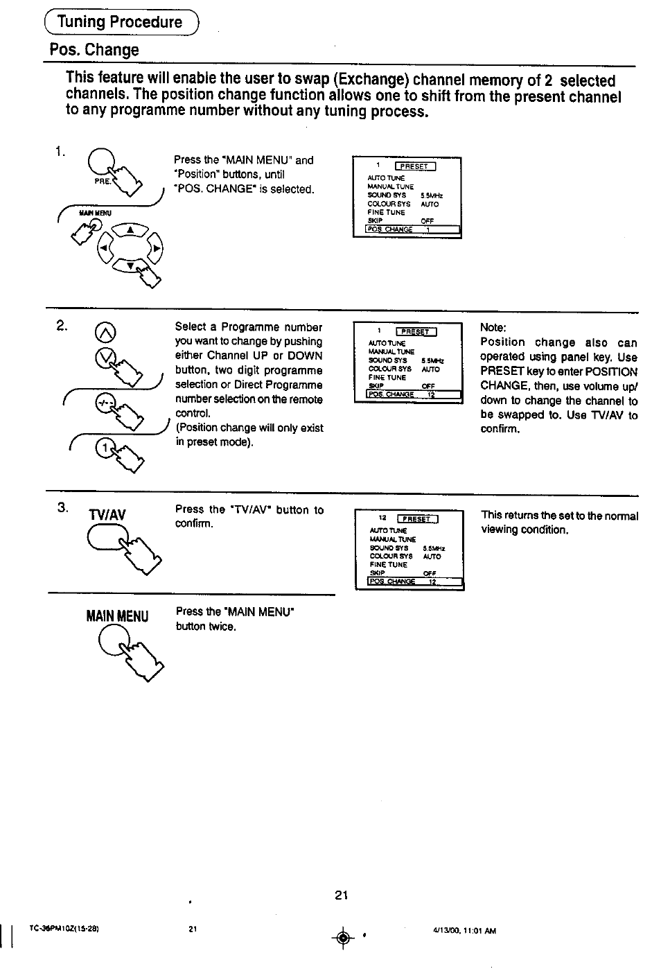Tuning procedure ) pos. change, Tv/av, Main menu | Panasonic TC-36PM10Z User Manual | Page 21 / 28