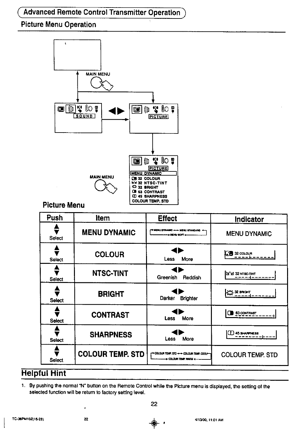 Helpful hint, Menu dynamic, Colour temp. std | Panasonic TC-36PM10Z User Manual | Page 22 / 28