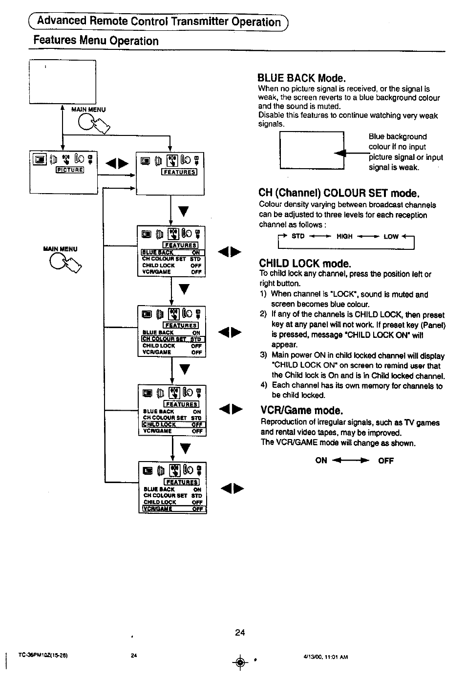 Blue back mode, Ch (channel) colour set mode, Child lock mode | Vcr/game mode | Panasonic TC-36PM10Z User Manual | Page 24 / 28
