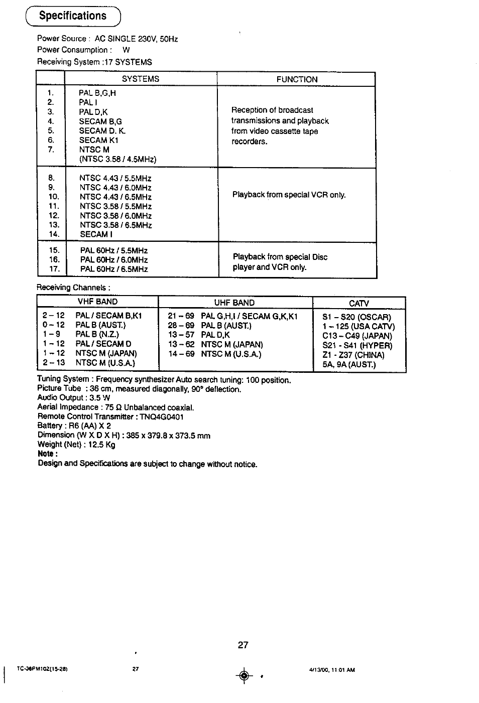 Specifications | Panasonic TC-36PM10Z User Manual | Page 27 / 28