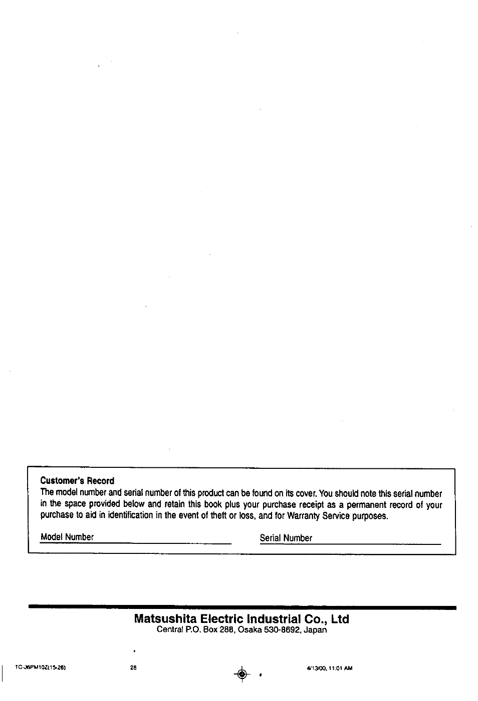 Matsushita electric industrial co., ltd | Panasonic TC-36PM10Z User Manual | Page 28 / 28