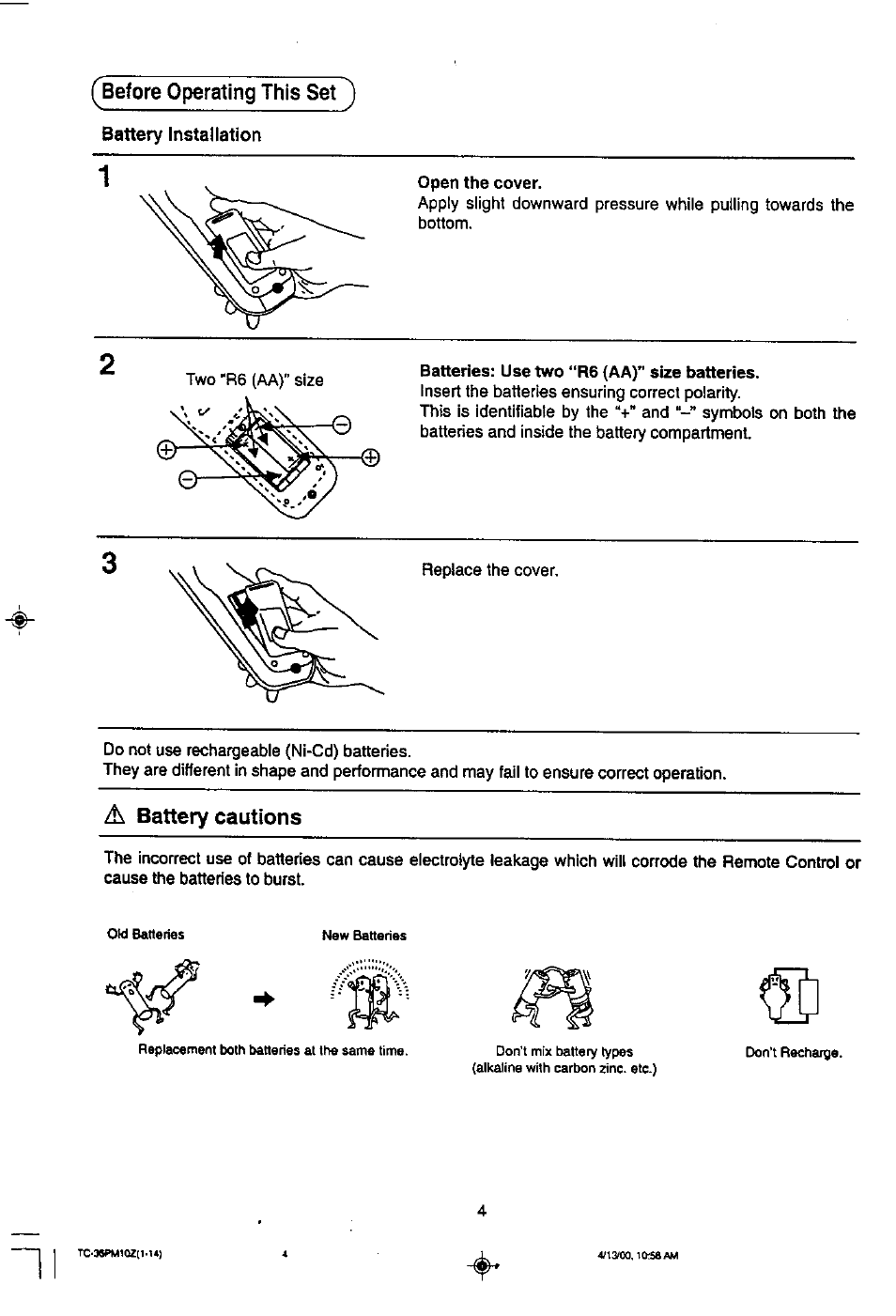 Before operating this set ), A battery cautions | Panasonic TC-36PM10Z User Manual | Page 4 / 28