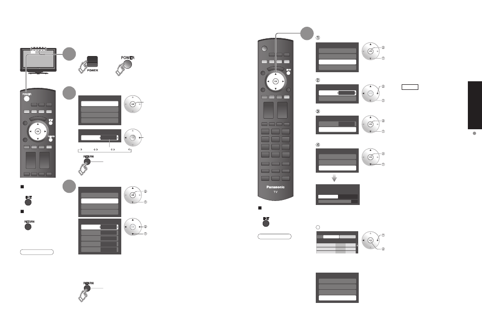 First time setup, Quick start guide, Auto channel setup | First t ime setup, Turn the tv on with the power button, Select your language, Adjust the clock | Panasonic TC 32LX700 User Manual | Page 17 / 55