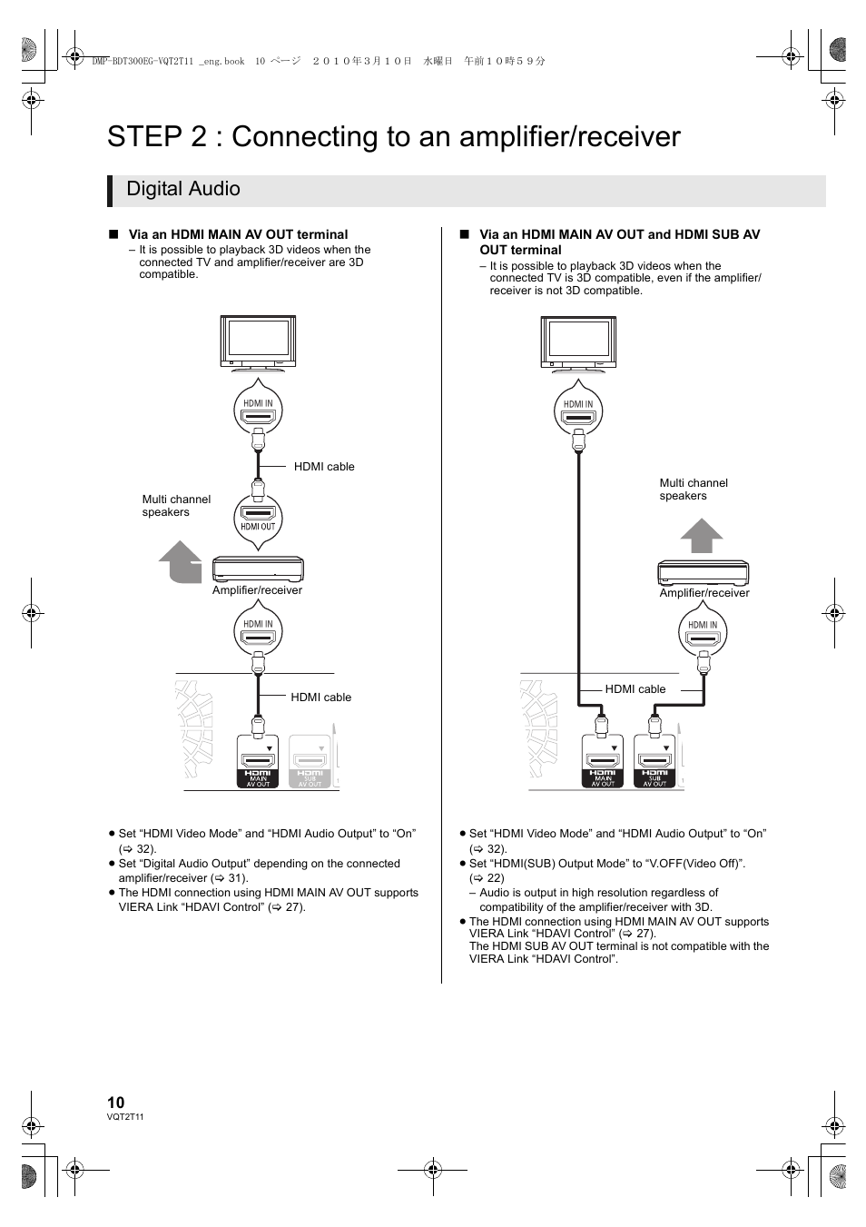 Step 2 : connecting to an amplifier/receiver, Digital audio | Panasonic DMP-BDT300 User Manual | Page 10 / 48