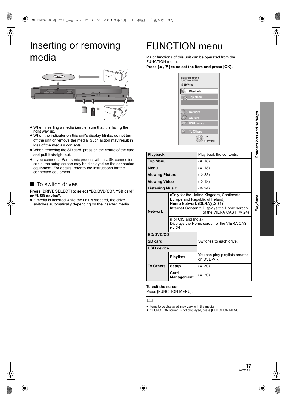 Inserting or removing media, Function menu | Panasonic DMP-BDT300 User Manual | Page 17 / 48