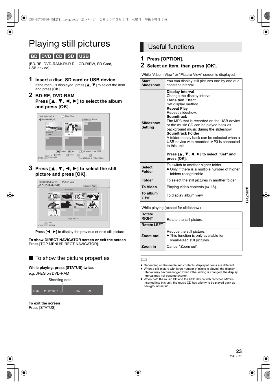 Playing still pictures, Useful functions, Bd dvd cd sd usb | Insert a disc, sd card or usb device, Press [option, Select an item, then press [ok | Panasonic DMP-BDT300 User Manual | Page 23 / 48