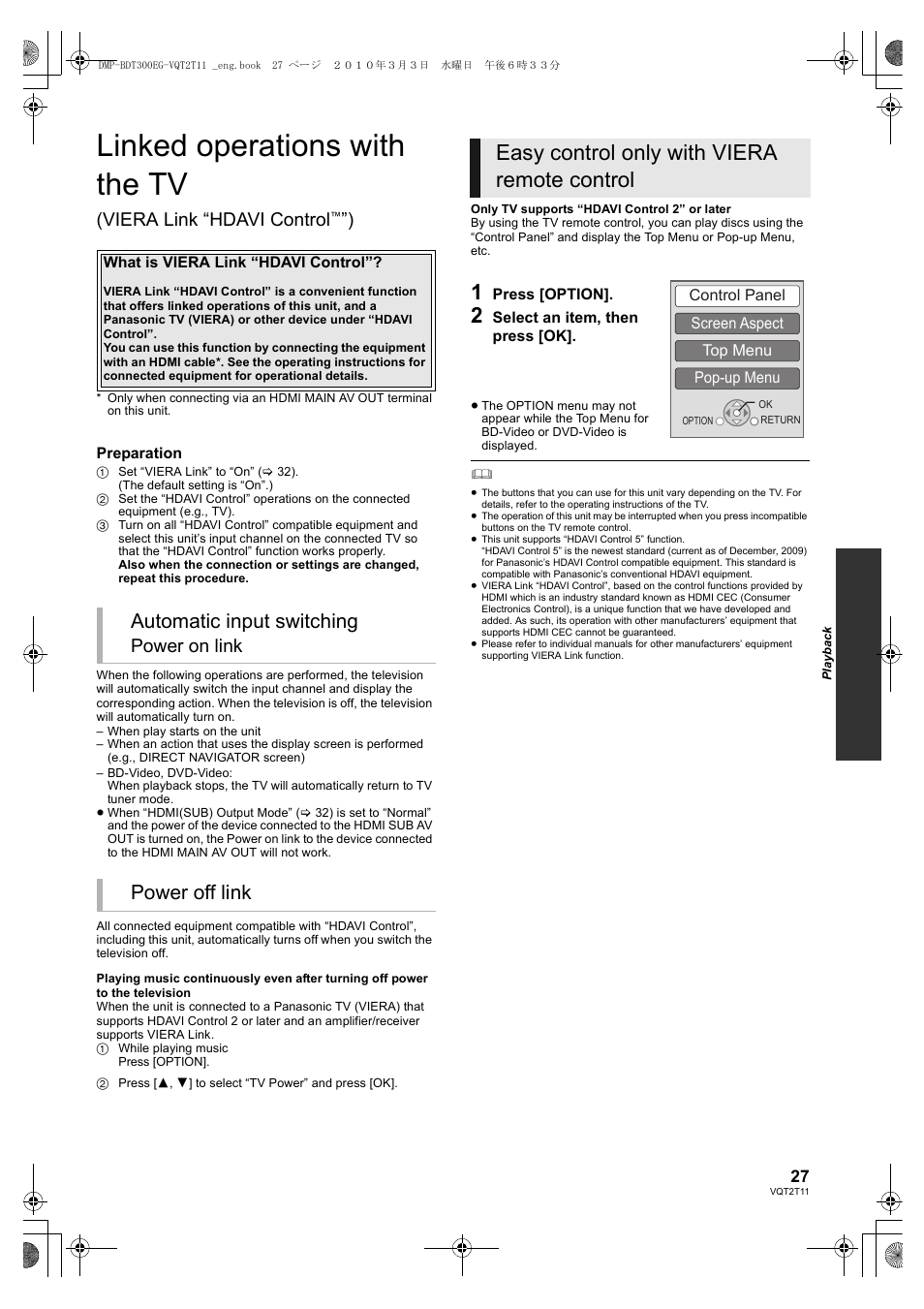 Linked operations with the tv, Easy control only with viera remote control, Automatic input switching | Power off link, Viera link “hdavi control, Power on link | Panasonic DMP-BDT300 User Manual | Page 27 / 48