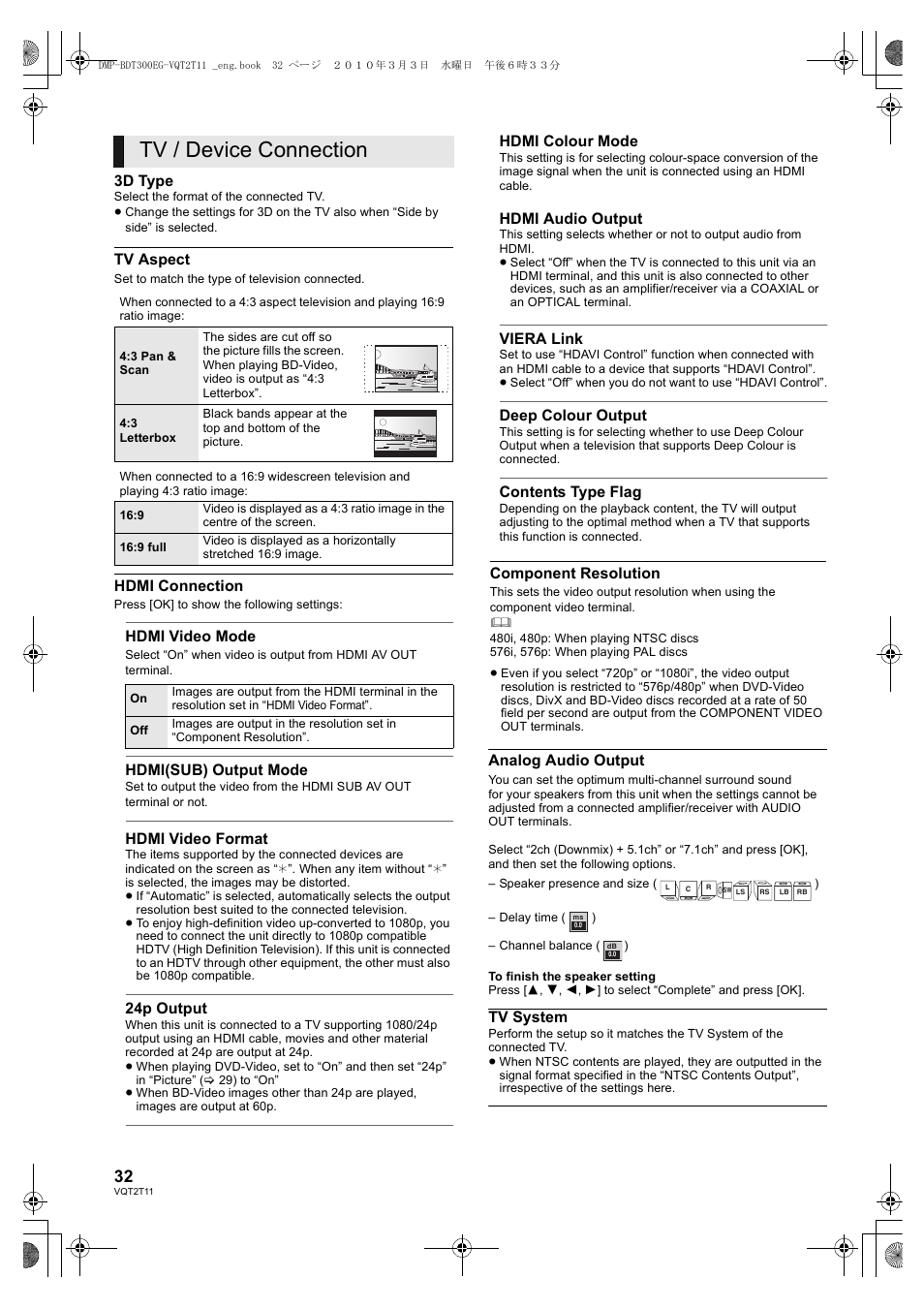 Tv / device connection | Panasonic DMP-BDT300 User Manual | Page 32 / 48