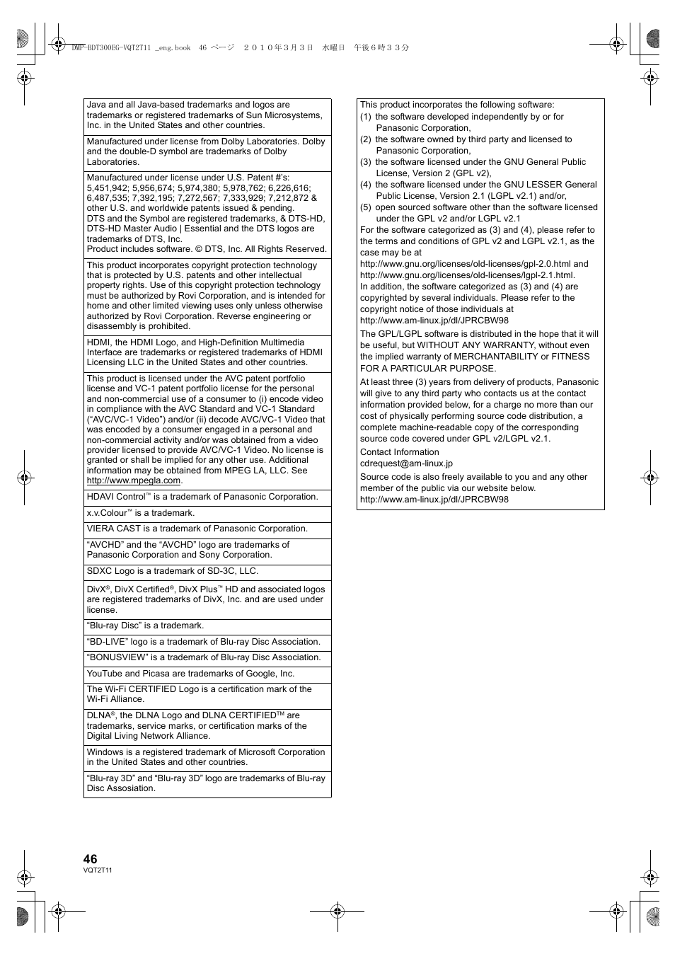 Panasonic DMP-BDT300 User Manual | Page 46 / 48
