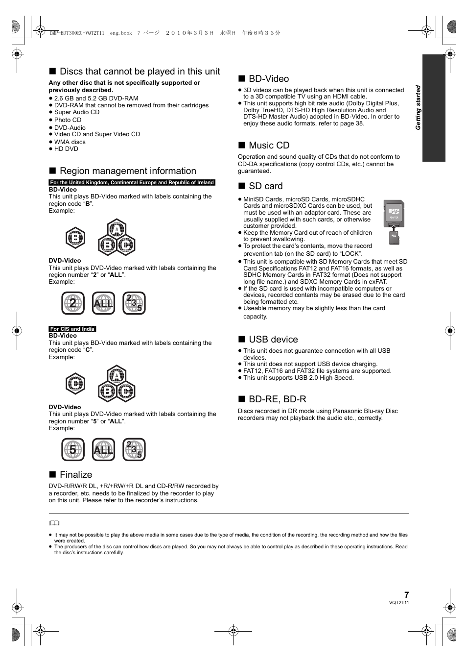 Discs that cannot be played in this unit, Region management information, Finalize | Bd-video, Music cd, Sd card, Usb device, Bd-re, bd-r | Panasonic DMP-BDT300 User Manual | Page 7 / 48