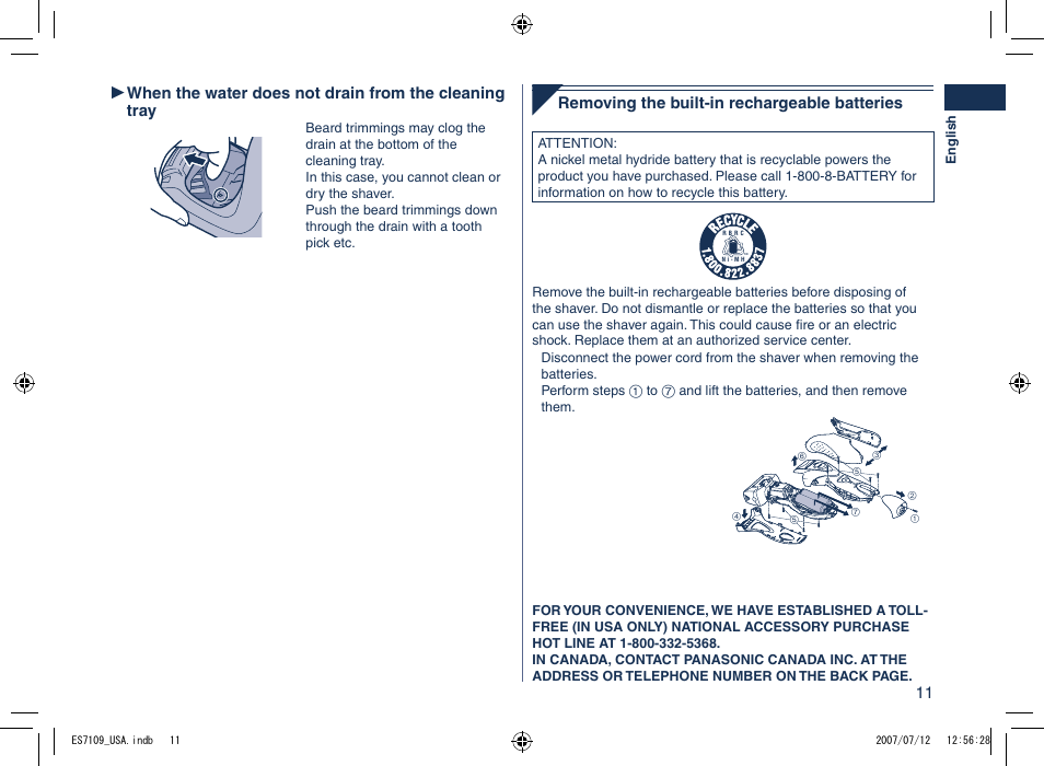 Removing the built-in rechargeable batteries | Panasonic ES7109 User Manual | Page 11 / 32