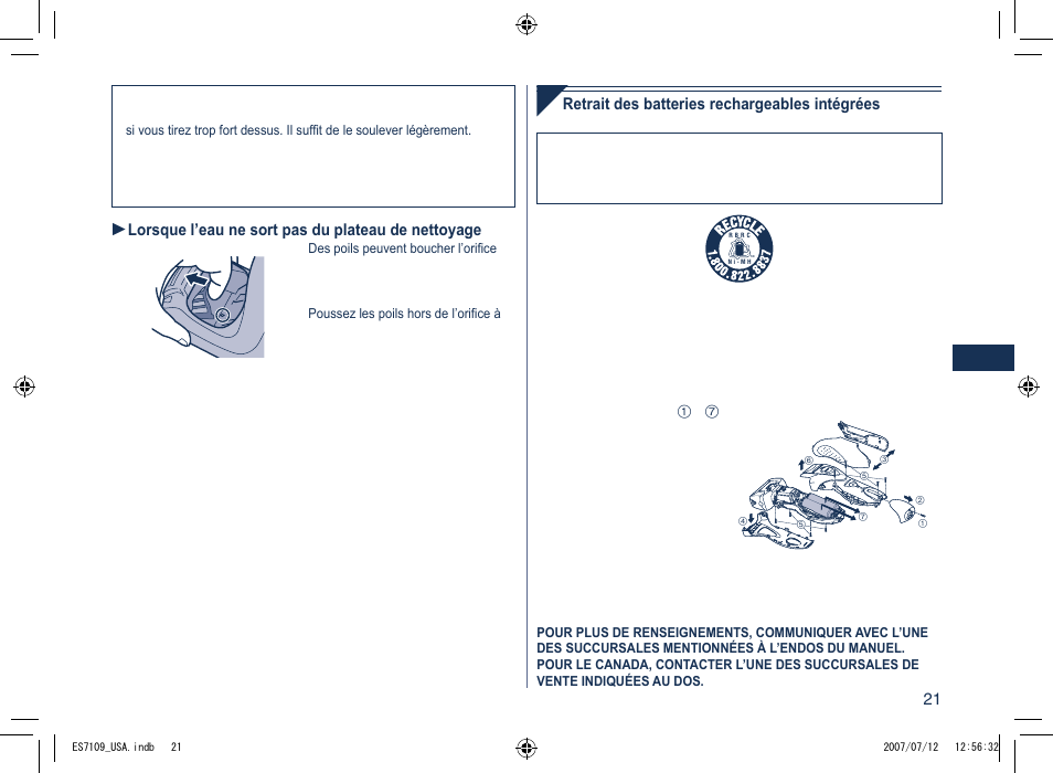 Retrait des batteries rechargeables intégrées, Lorsque l’eau ne sort pas du plateau de nettoyage | Panasonic ES7109 User Manual | Page 21 / 32