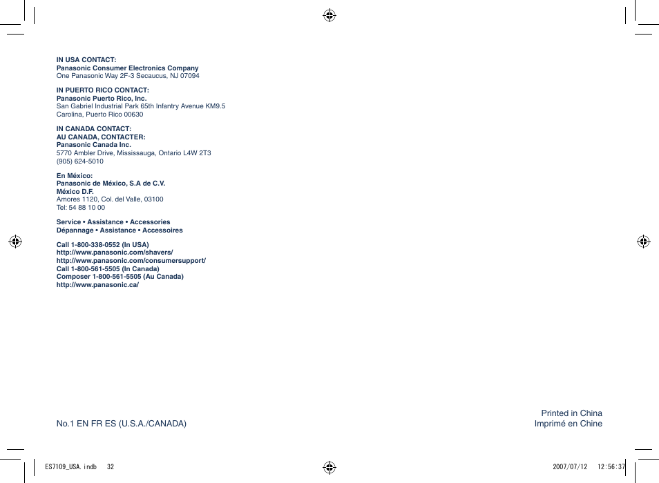 Panasonic ES7109 User Manual | Page 32 / 32