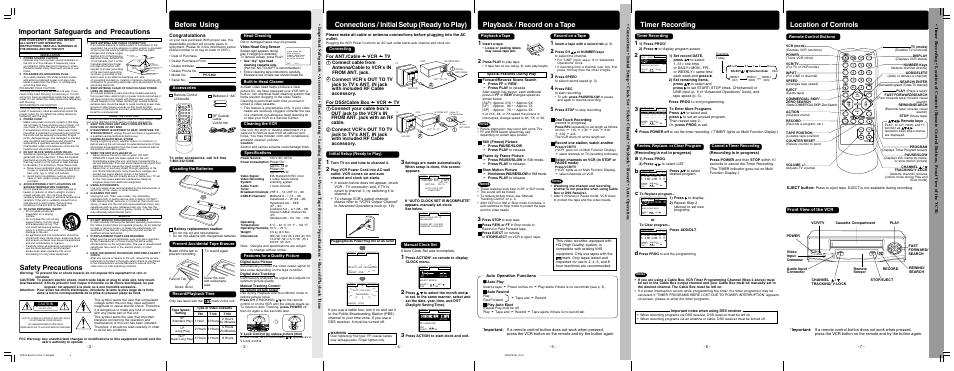 Important safeguards and precautions, Before using, Connections and initial setup (ready to play) | Playback / record on a tape, Timer recording, Location of controls, Connections / initial setup (ready to play), Safety precautions, Front view of the vcr, Lsqt0532b(basic operations) - back | Panasonic PV-V402 User Manual | Page 2 / 4