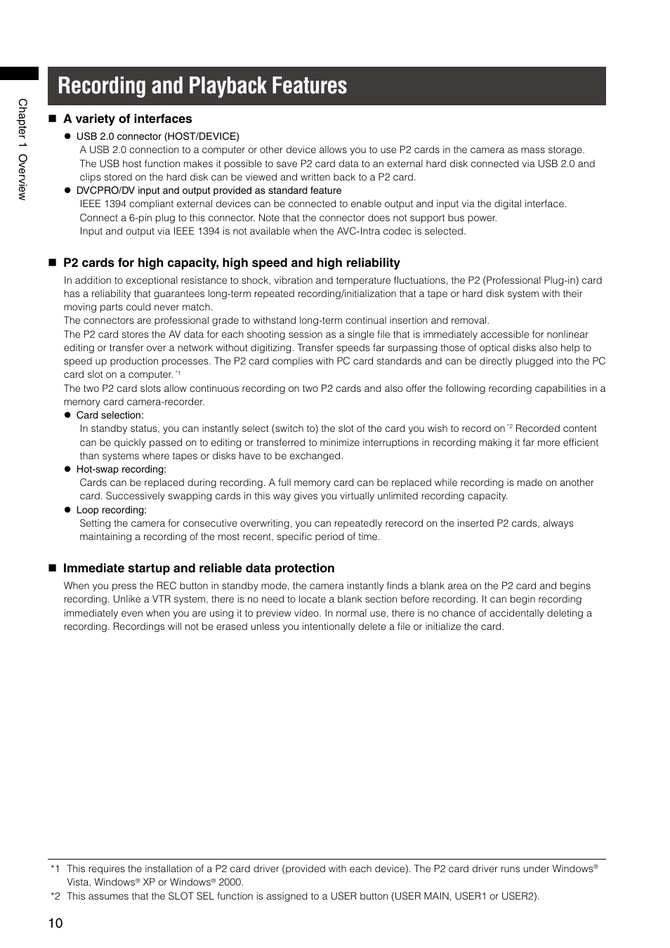 Recording and playback features | Panasonic AG-HPX300P User Manual | Page 10 / 166