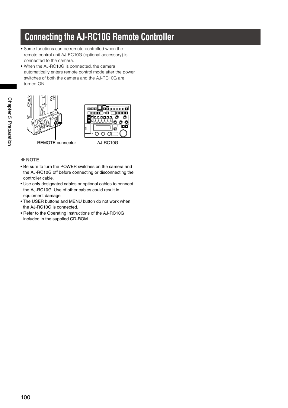 Connecting the aj-rc10g remote controller | Panasonic AG-HPX300P User Manual | Page 100 / 166