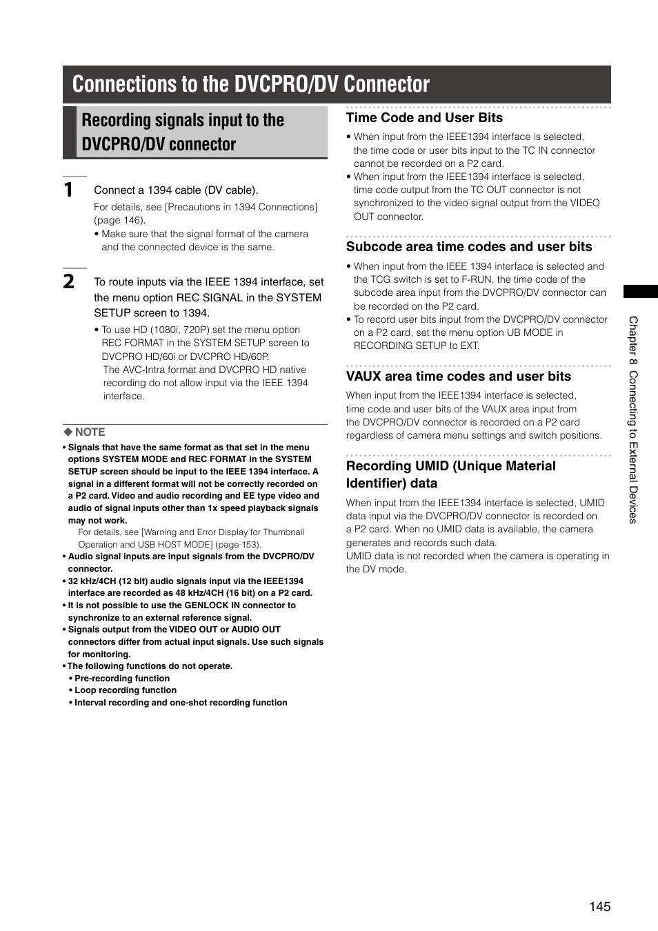Connections to the dvcpro/dv connector, Recording signals input to the dvcpro/dv connector | Panasonic AG-HPX300P User Manual | Page 145 / 166