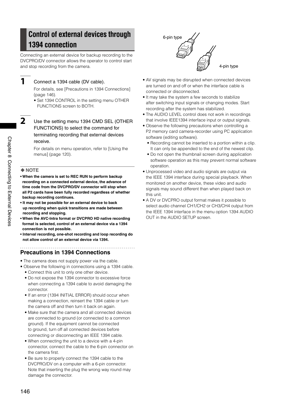 Precautions in 1394 connections | Panasonic AG-HPX300P User Manual | Page 146 / 166