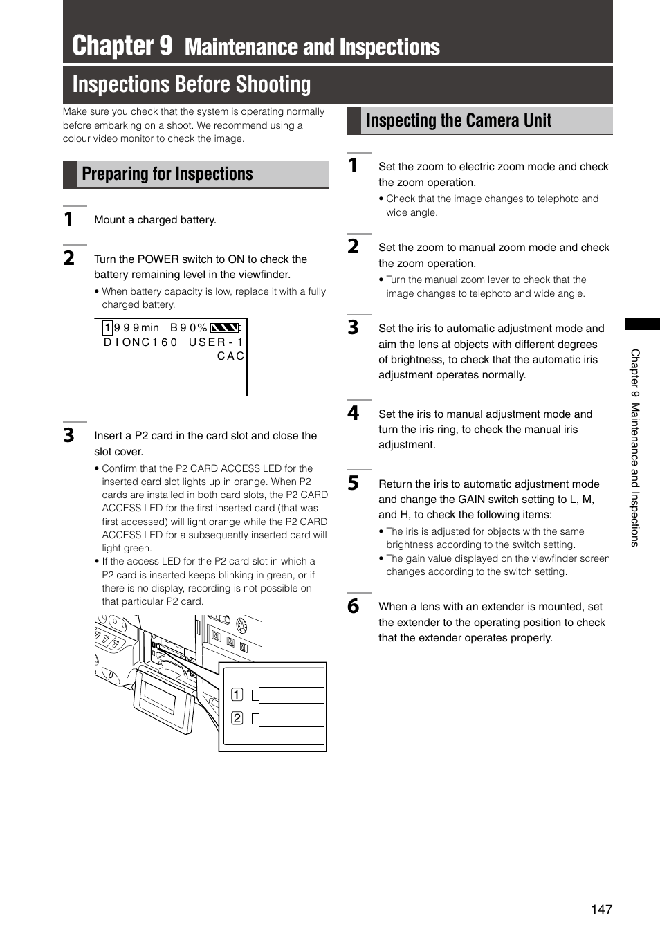 Chapter 9 maintenance and inspections, Inspections before shooting, Preparing for inspections | Inspecting the camera unit, Chapter 9 | Panasonic AG-HPX300P User Manual | Page 147 / 166