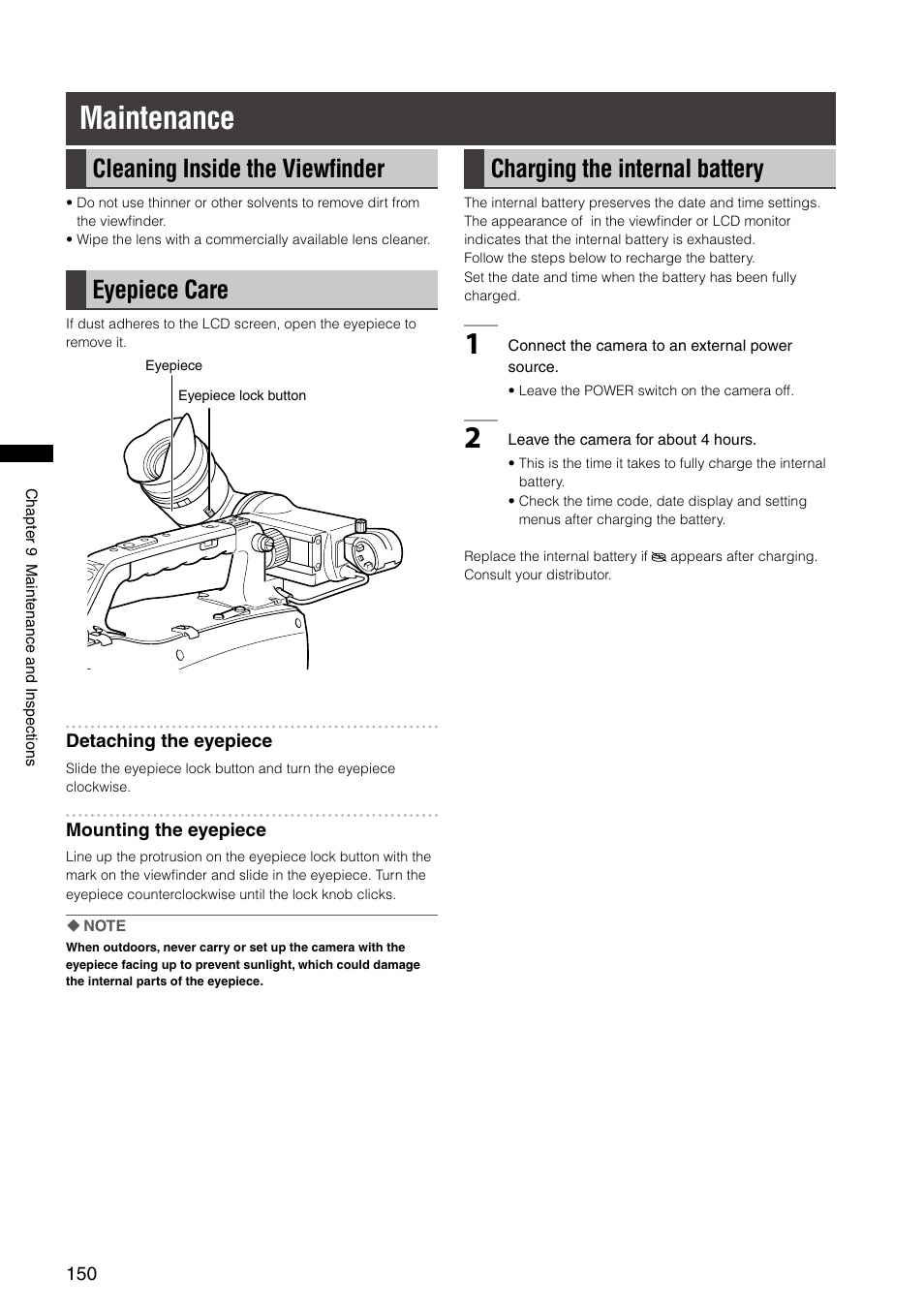Maintenance, Cleaning inside the viewfinder, Eyepiece care | Charging the internal battery, Cleaning inside the viewﬁnder | Panasonic AG-HPX300P User Manual | Page 150 / 166