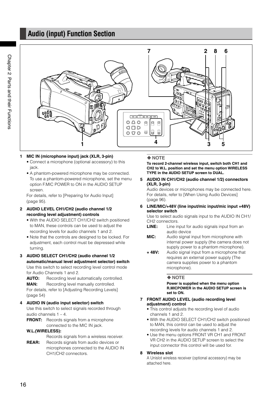 Audio (input) function section | Panasonic AG-HPX300P User Manual | Page 16 / 166