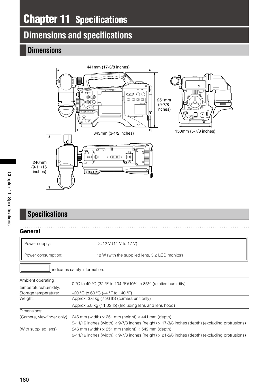 Chapter 11 specifications, Dimensions and specifications, Dimensions | Specifications, Dimensions specifications, Chapter 11, Specifications dimensions and speciﬁcations, Speciﬁcations | Panasonic AG-HPX300P User Manual | Page 160 / 166