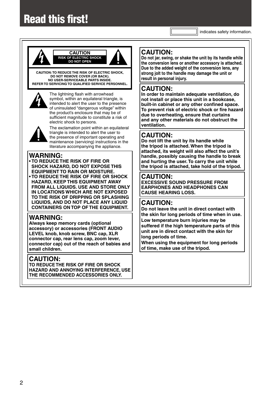 Read this first, Warning, Caution | Panasonic AG-HPX300P User Manual | Page 2 / 166