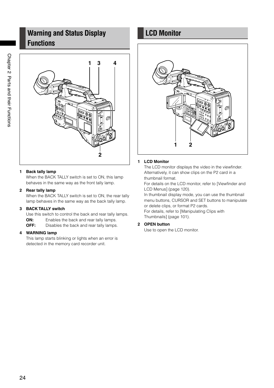 Warning and status display functions, Lcd monitor, Warning and status display functions lcd monitor | Panasonic AG-HPX300P User Manual | Page 24 / 166