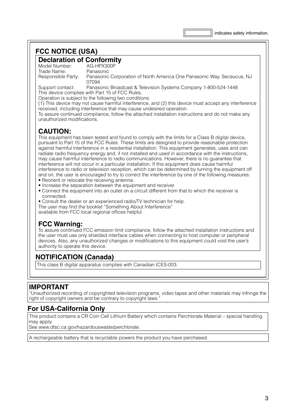 Fcc notice (usa) declaration of conformity, Caution, Fcc warning | Notification (canada), Important, For usa-california only | Panasonic AG-HPX300P User Manual | Page 3 / 166