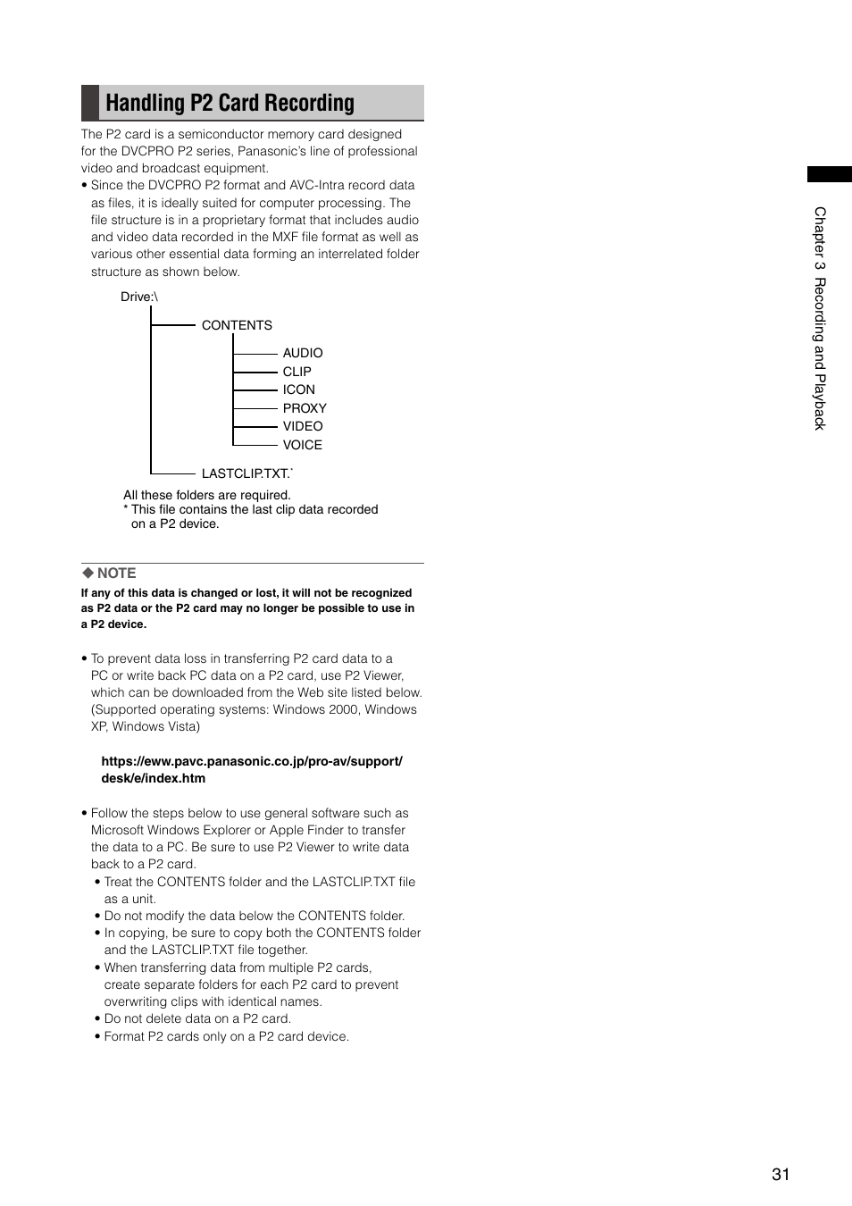 Handling p2 card recording | Panasonic AG-HPX300P User Manual | Page 31 / 166