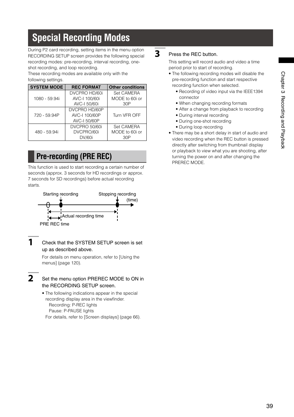 Special recording modes, Pre-recording (pre rec) | Panasonic AG-HPX300P User Manual | Page 39 / 166