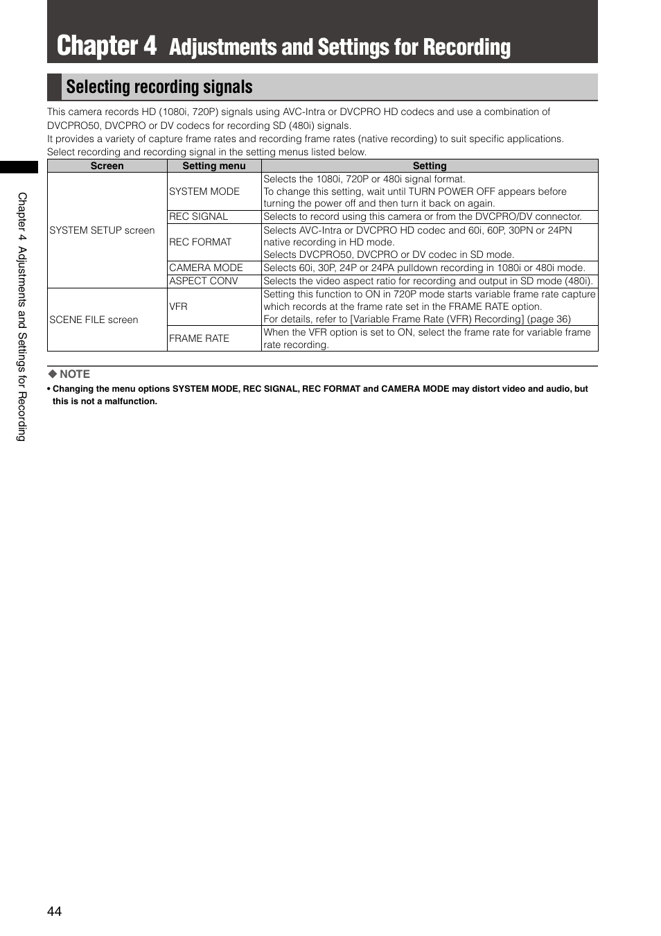 Chapter 4 adjustments and settings for recording, Selecting recording signals, Chapter 4 | Adjustments and settings for recording | Panasonic AG-HPX300P User Manual | Page 44 / 166