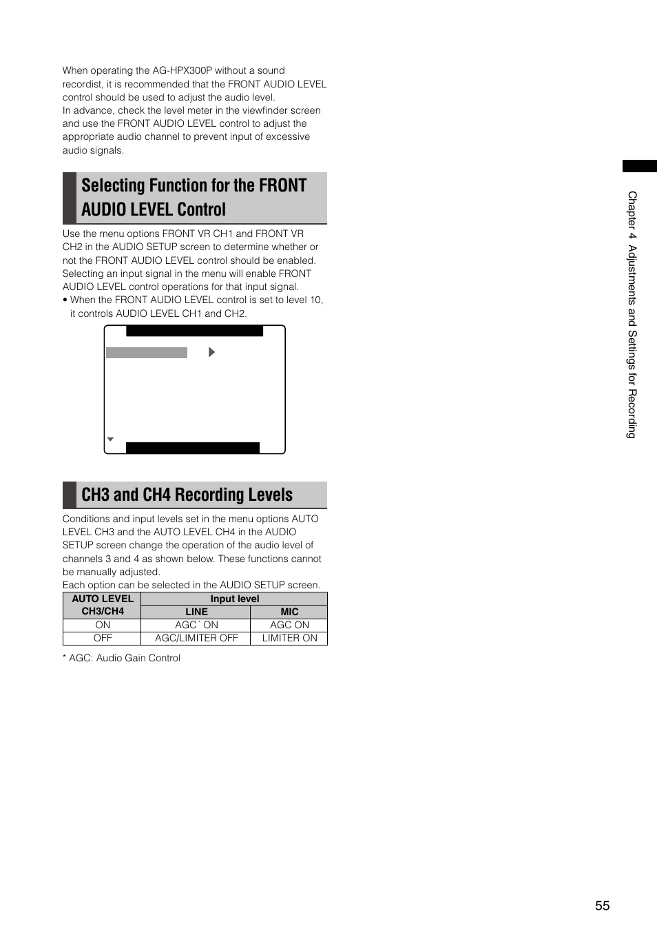 Ch3 and ch4 recording levels | Panasonic AG-HPX300P User Manual | Page 55 / 166