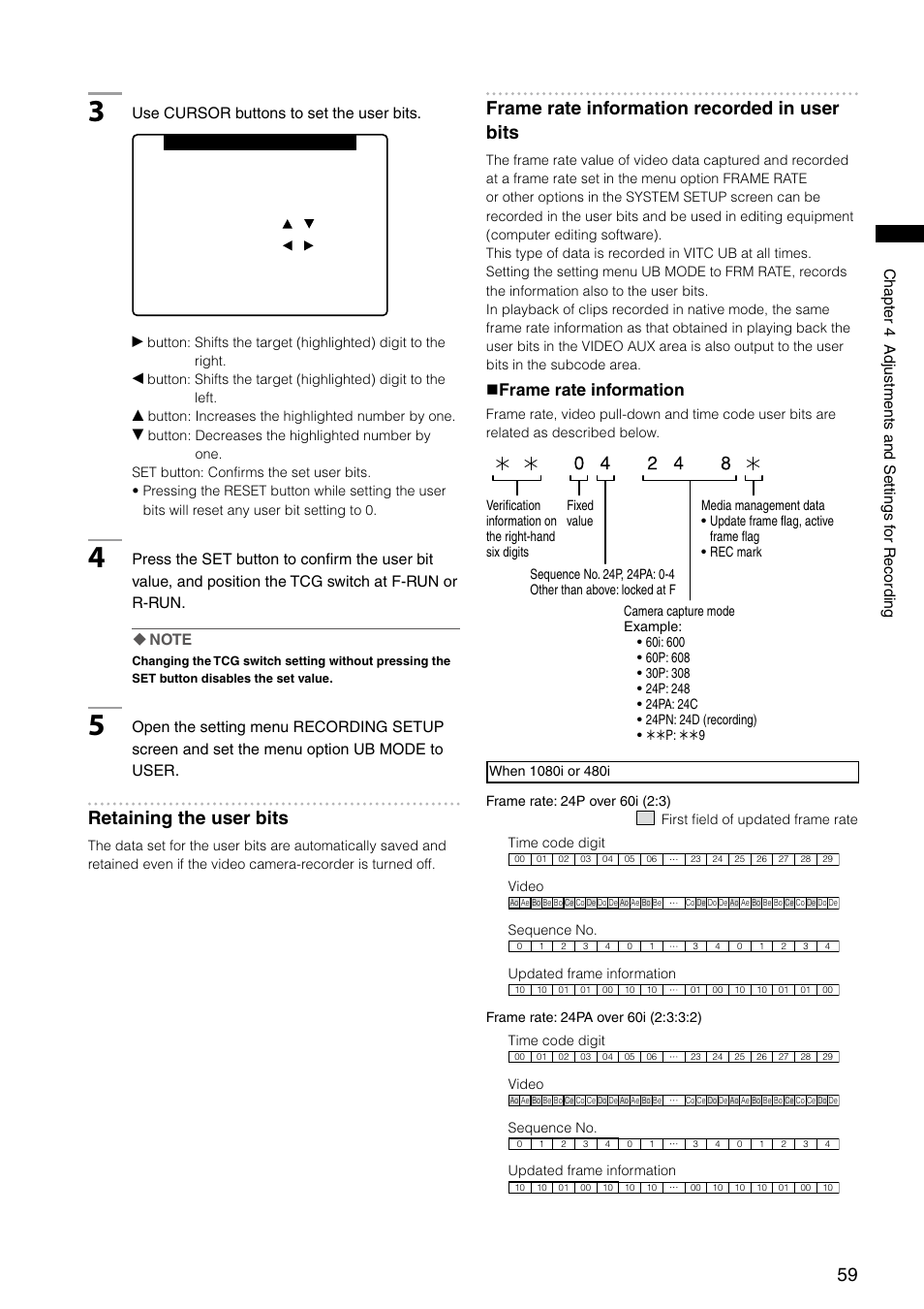 Retaining the user bits, Frame rate information recorded in user bits, Frame rate information | Panasonic AG-HPX300P User Manual | Page 59 / 166