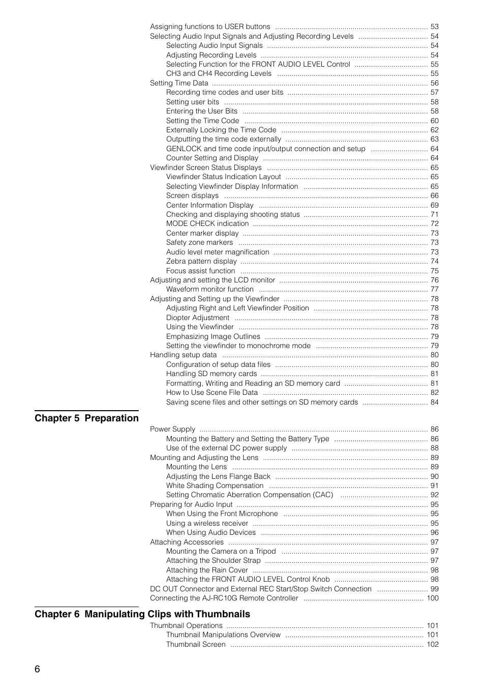 Chapter 5 preparation, Chapter 6 manipulating clips with thumbnails | Panasonic AG-HPX300P User Manual | Page 6 / 166