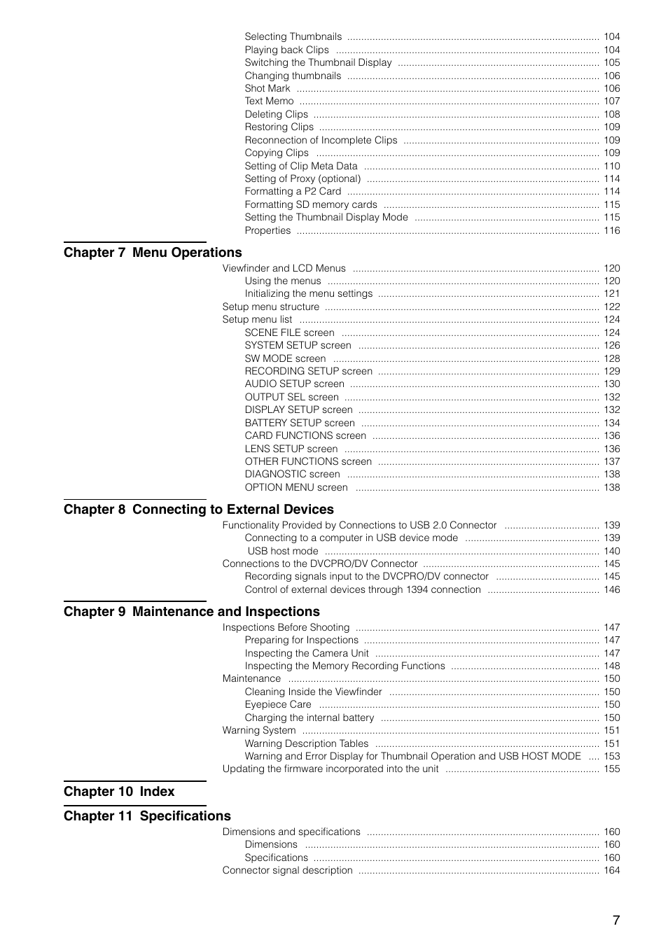 Chapter 7 menu operations, Chapter 8 connecting to external devices, Chapter 9 maintenance and inspections | Chapter 10 index chapter 11 specifications | Panasonic AG-HPX300P User Manual | Page 7 / 166