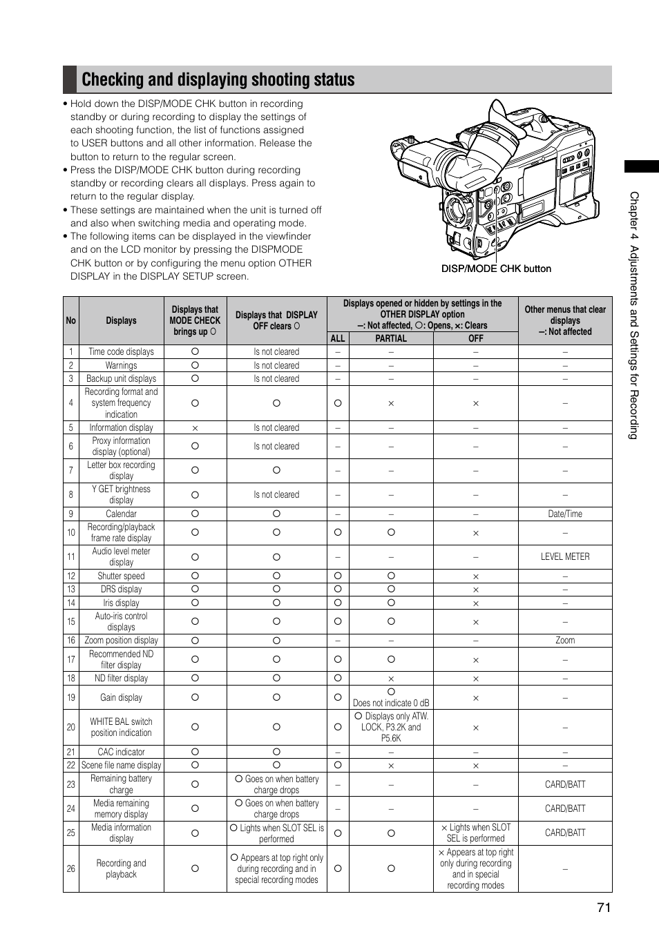 Checking and displaying shooting status | Panasonic AG-HPX300P User Manual | Page 71 / 166