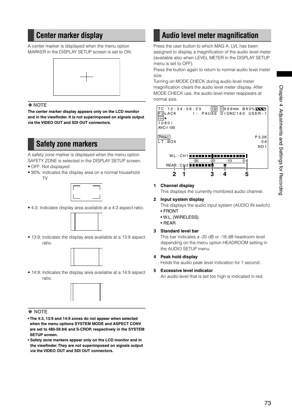 Center marker display, Safety zone markers, Audio level meter magnification | Audio level meter magniﬁcation | Panasonic AG-HPX300P User Manual | Page 73 / 166