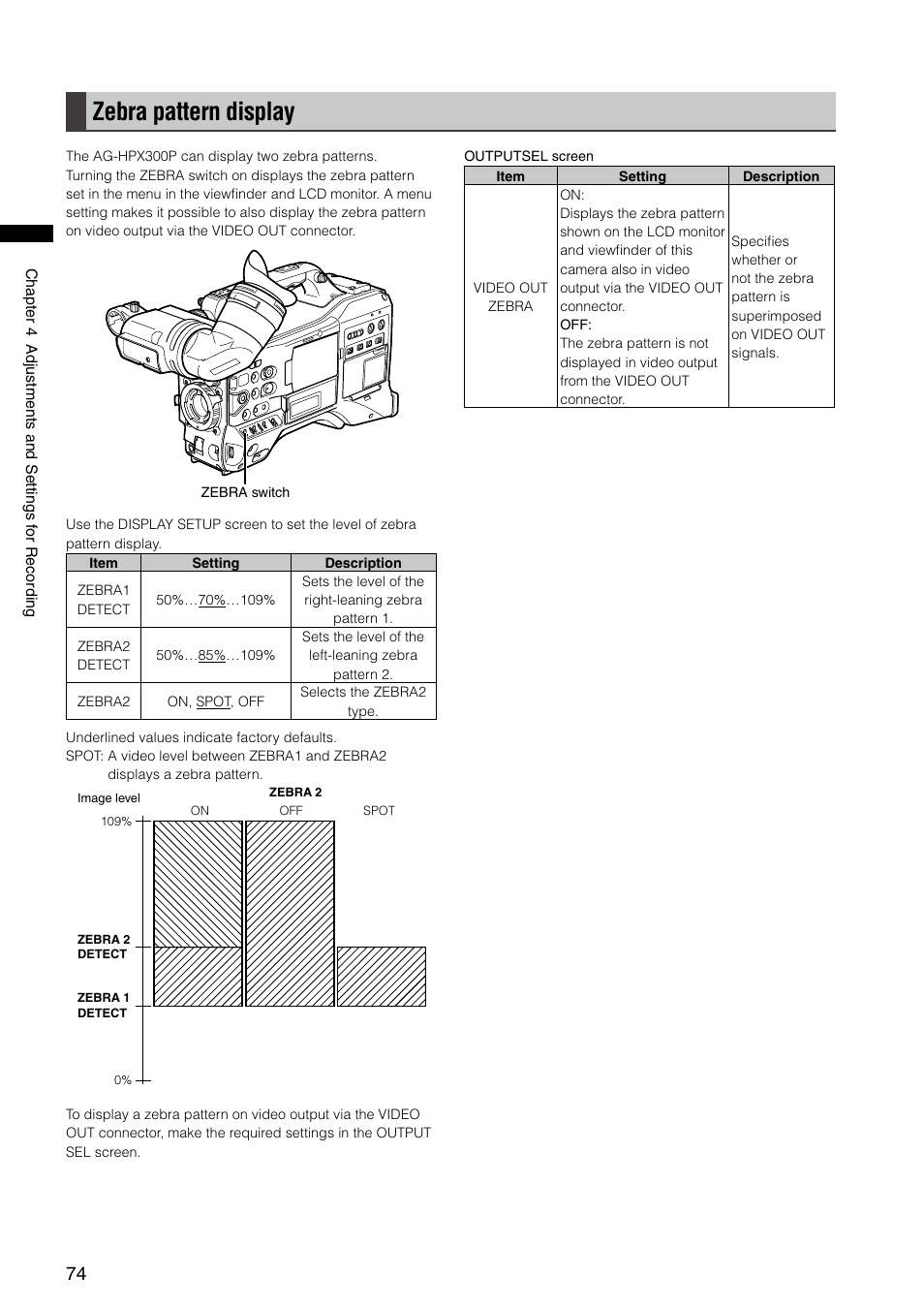 Zebra pattern display | Panasonic AG-HPX300P User Manual | Page 74 / 166