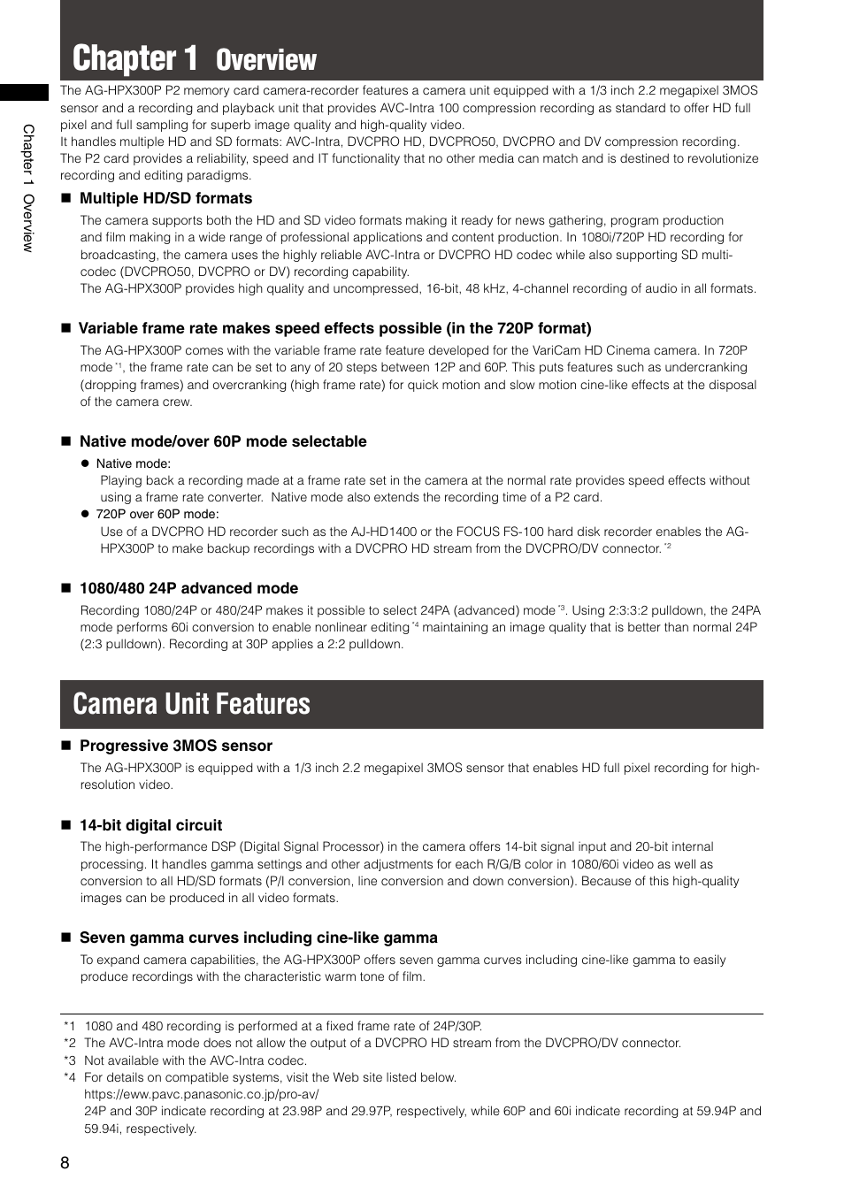 Chapter 1 overview, Camera unit features, Chapter 1 | Overview | Panasonic AG-HPX300P User Manual | Page 8 / 166