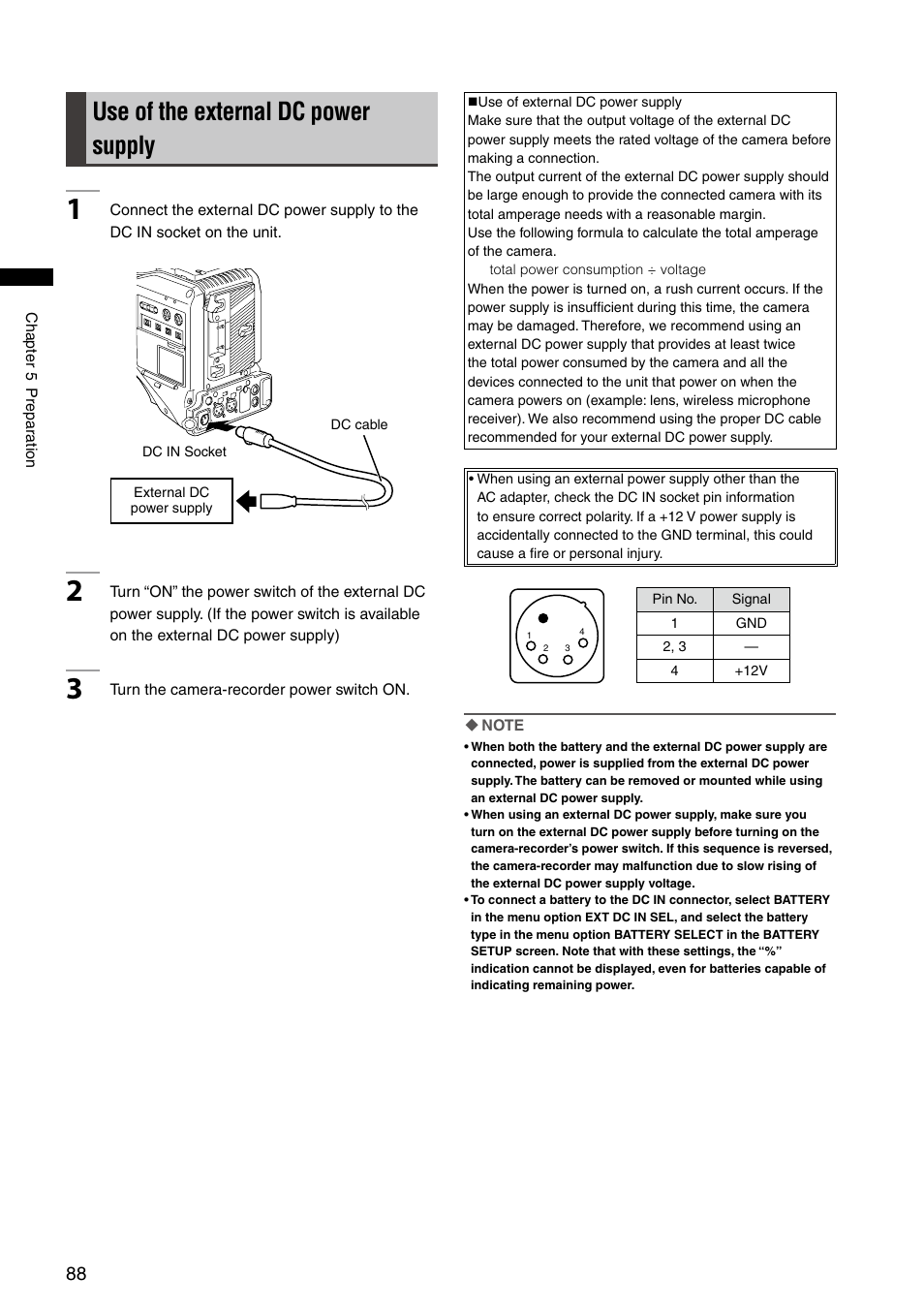 Use of the external dc power supply | Panasonic AG-HPX300P User Manual | Page 88 / 166