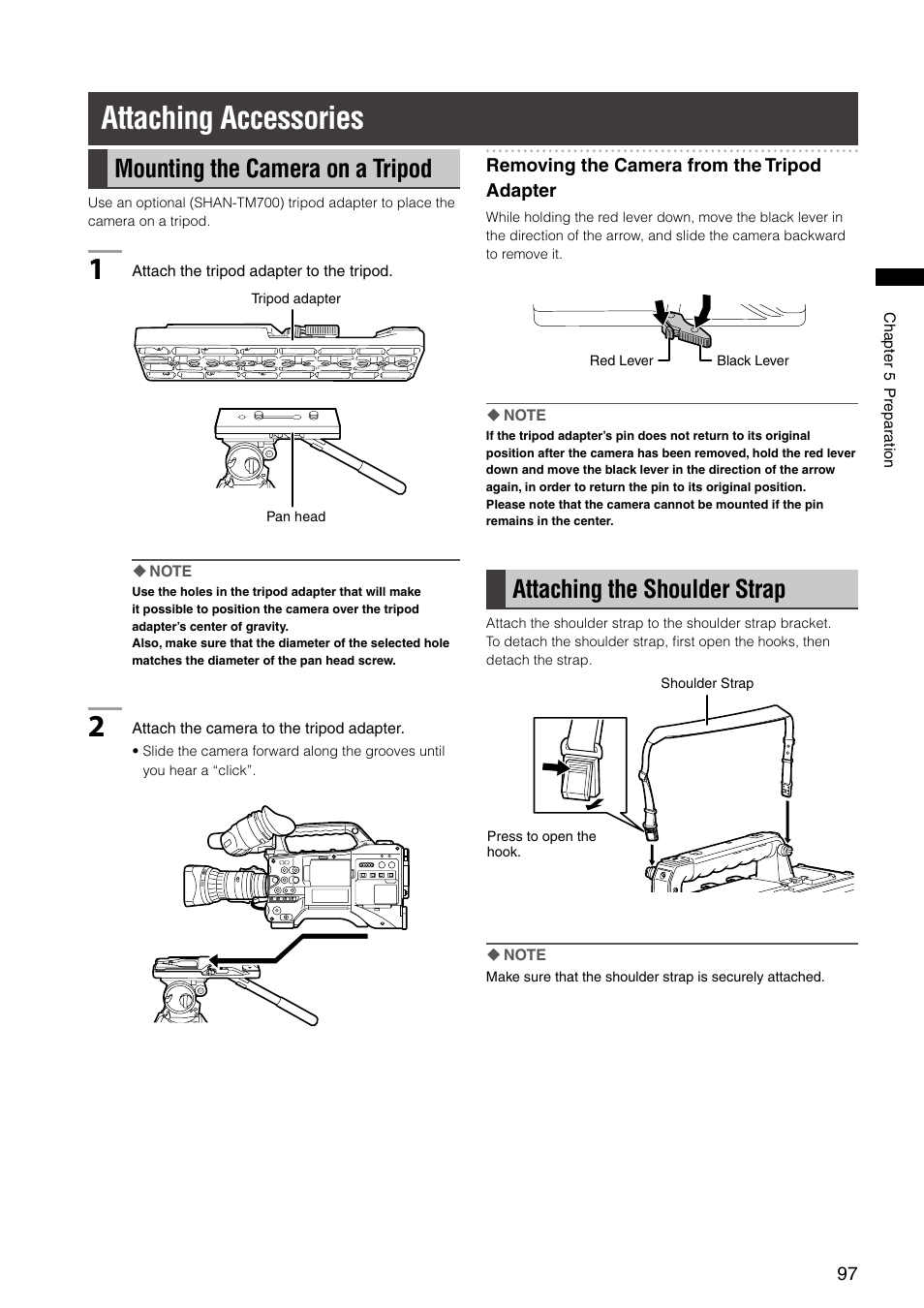 Attaching accessories, Mounting the camera on a tripod, Attaching the shoulder strap | Panasonic AG-HPX300P User Manual | Page 97 / 166