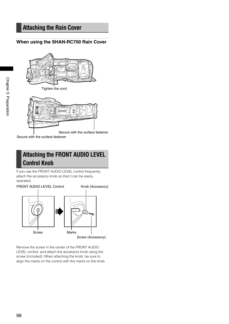 Attaching the rain cover, Attaching the front audio level control knob | Panasonic AG-HPX300P User Manual | Page 98 / 166